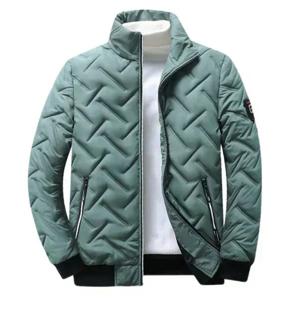 Salbeigrüne gefütterte Herrenjacke mit geöffnetem Reißverschluss und Stehkragen