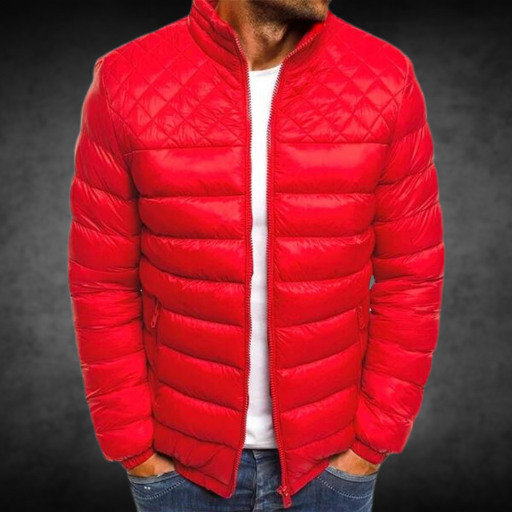 Rote Steppjacke Herren mit Stehkragen und Rautenmuster an den Schultern