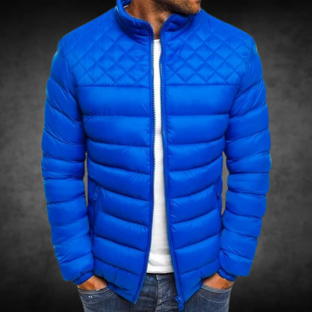 Blaue Herren-Steppjacke mit Stehkragen und gepolsterten Ärmeln