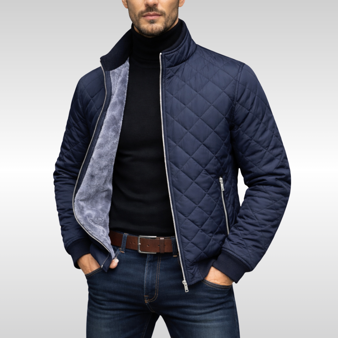 Dunkelblaue Steppjacke mit Stehkragen und kuscheligem Fellfutter