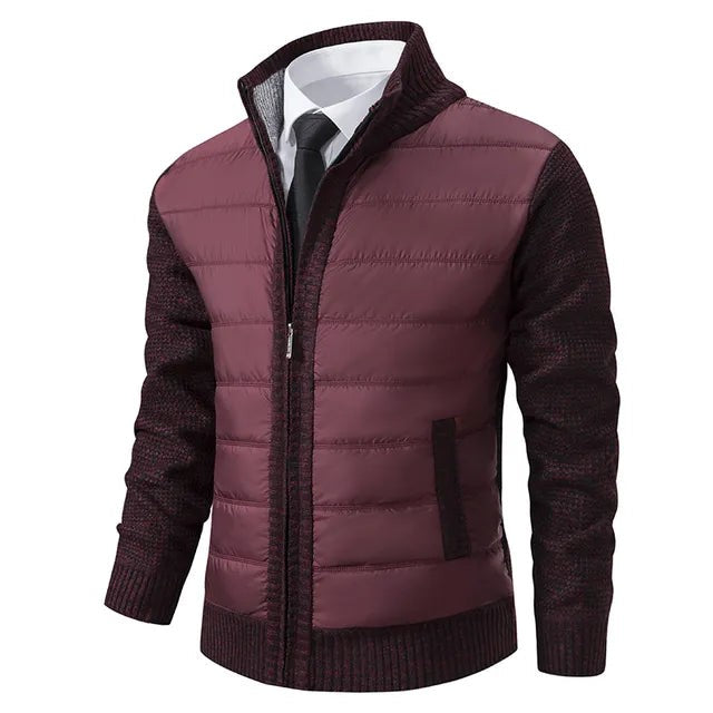 Bordeauxrote Herrenjacke mit Steppmuster und Strickärmeln