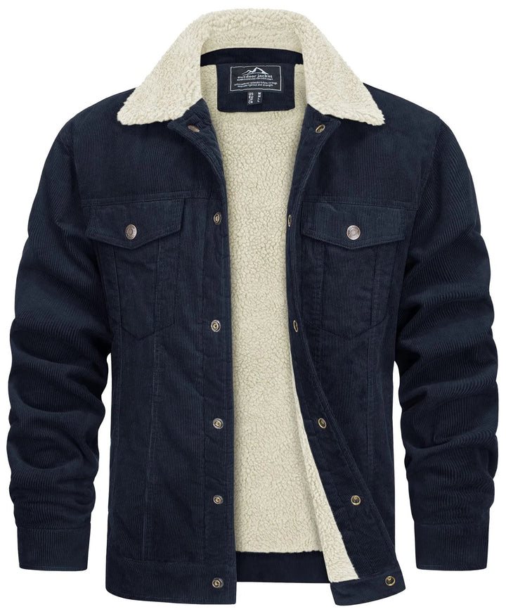 Dunkelblaue Cordjacke mit Sherpa-Kragen und Fellfutter für Herren