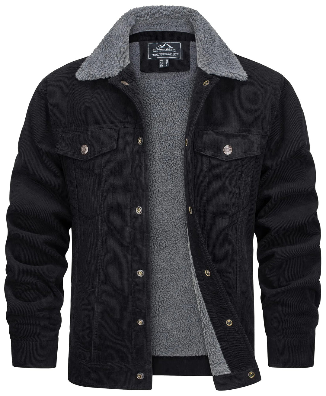 Schwarze Cordjacke mit grauem Fellkragen und Teddyfutter