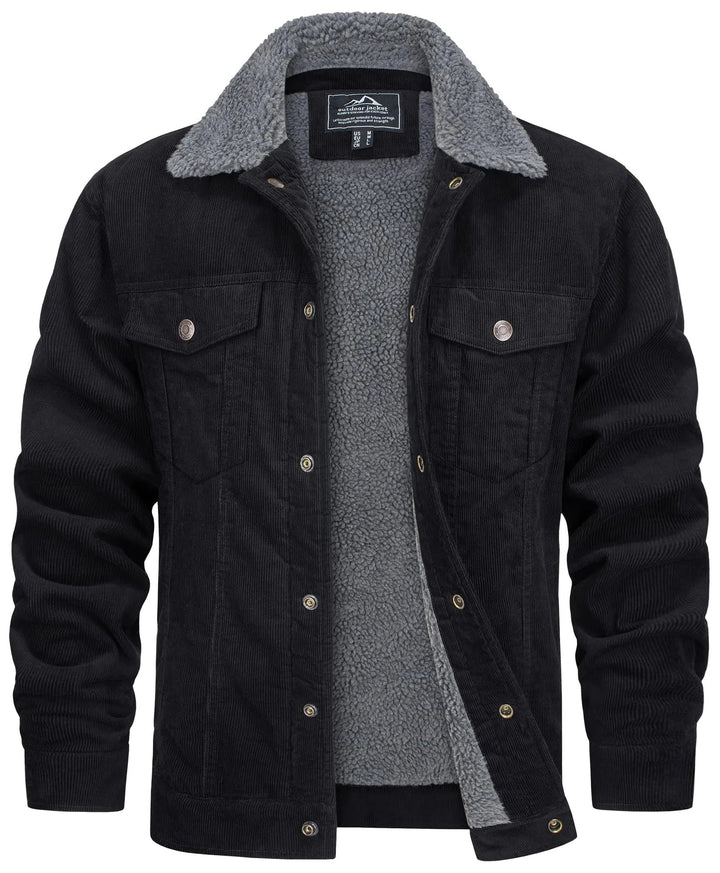 Schwarze Cordjacke mit grauem Fellkragen und Teddyfutter