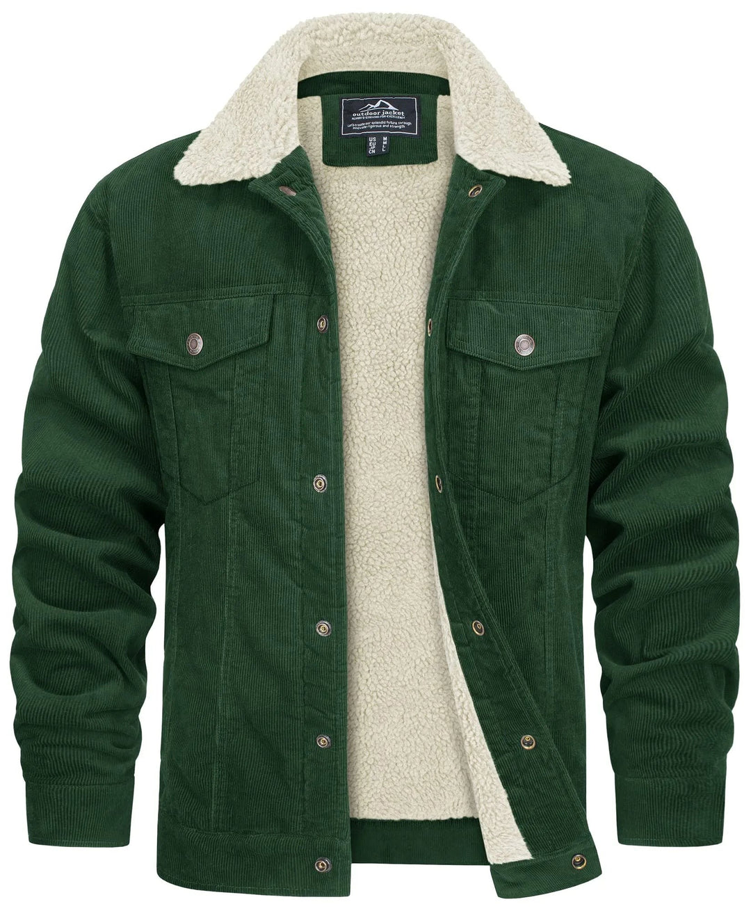 Dunkelgrüne Cordjacke mit cremefarbenem Sherpa-Kragen für Herren
