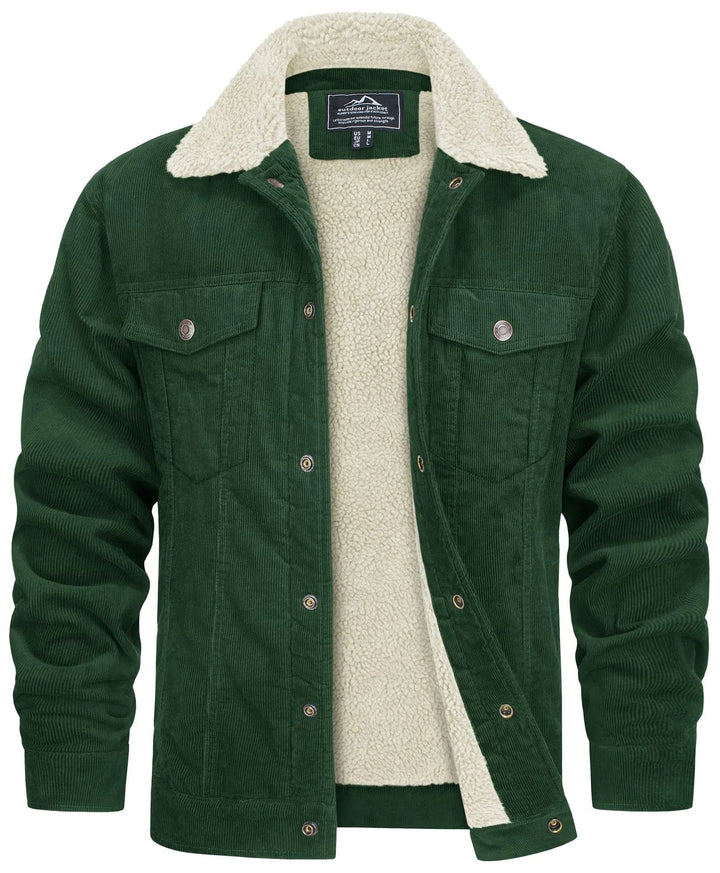 Dunkelgrüne Cordjacke mit cremefarbenem Sherpa-Kragen für Herren