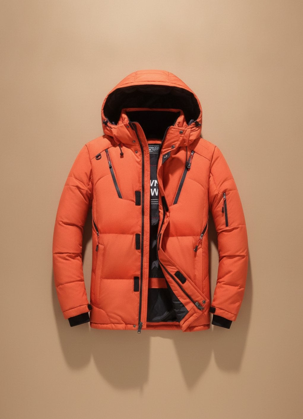 Orangefarbene Herren Winterjacke mit Kapuze und wasserabweisenden Reißverschlüssen