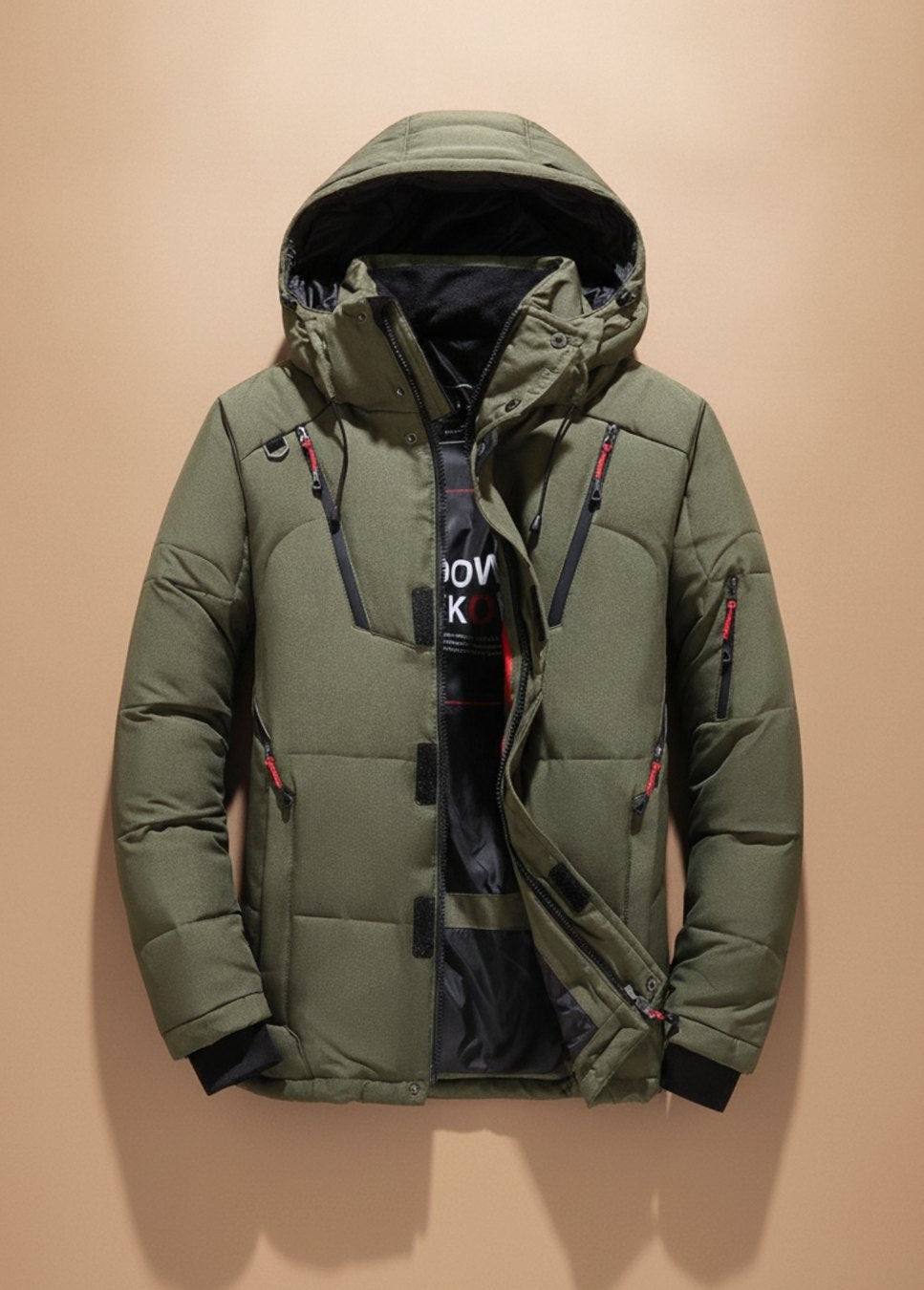 Khakifarbene gefütterte Winterjacke mit Kapuze und Reißverschlusstaschen