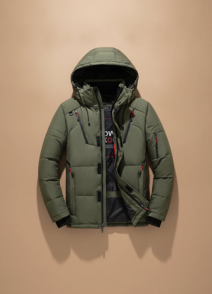 Olivgrüne gefütterte Kapuzenjacke für Herren mit mehreren Taschen
