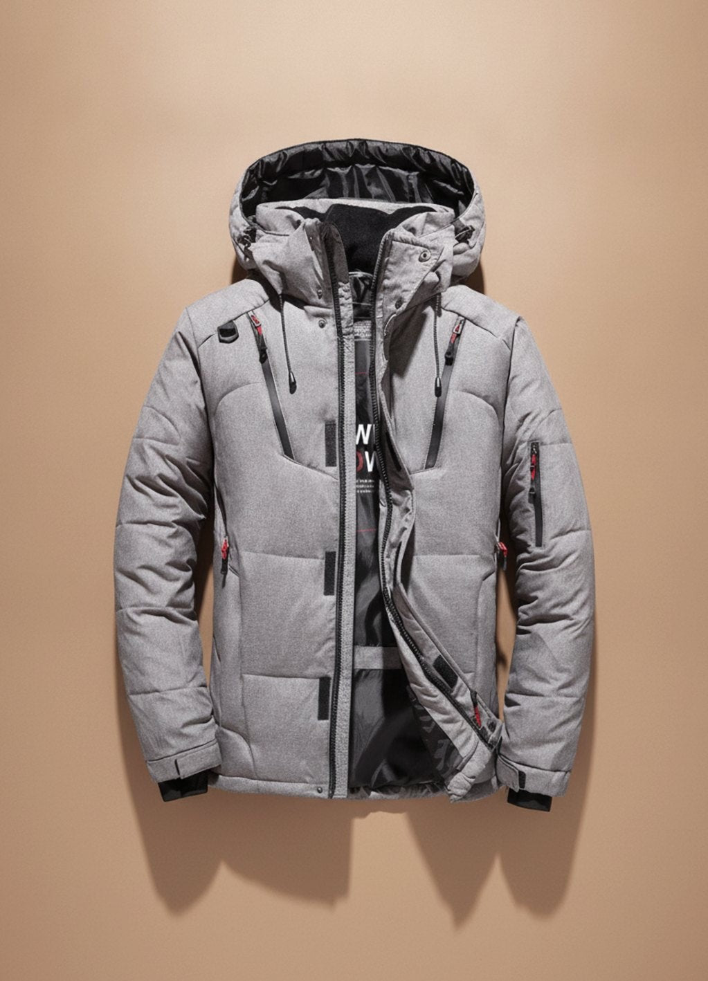 Hellgraue Steppjacke für Herren mit Kapuze und Ärmeltasche