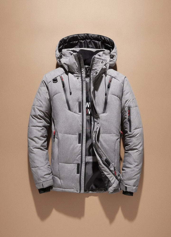 Hellgraue Steppjacke für Herren mit Kapuze und Ärmeltasche