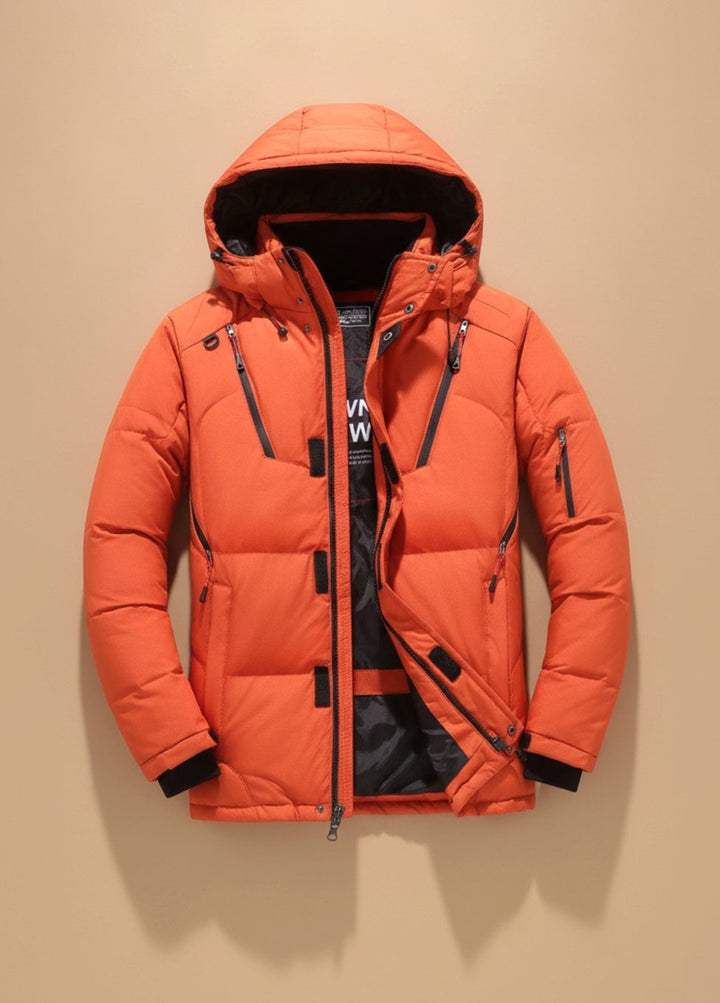 Orangefarbene wattierte Kapuzenjacke mit Innenfutter im Karo-Design