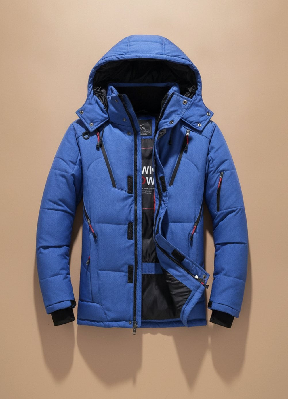 Blaue wattierte Kapuzenjacke für Herren mit funktionalen Taschen