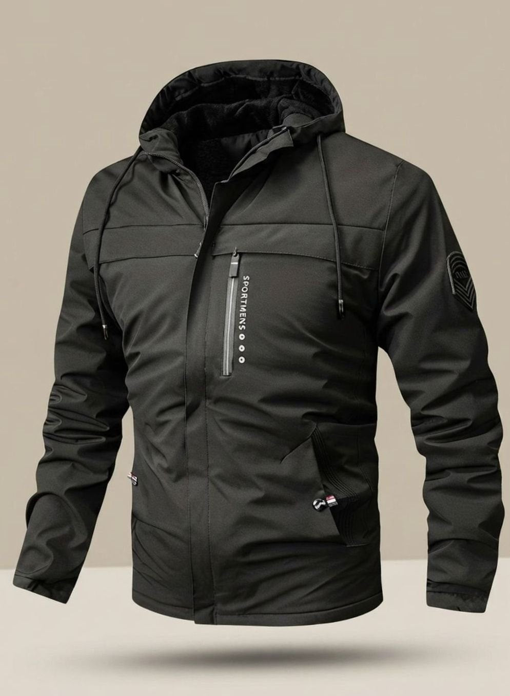 Schwarze Herren-Kapuzenjacke mit Reißverschlusstasche und Kordelzug, Frontansicht