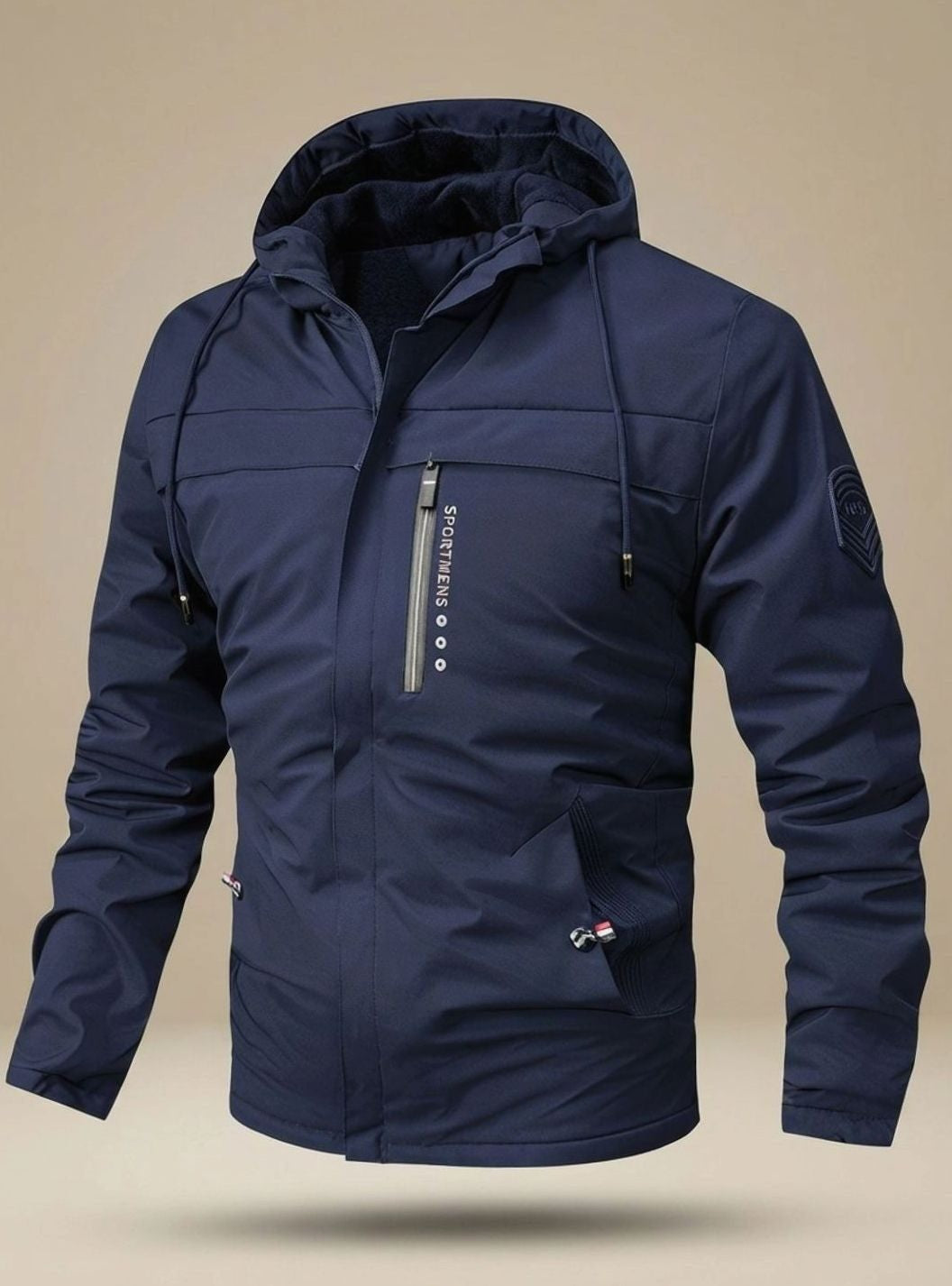 Dunkelblaue Herren-Kapuzenjacke mit Brusttasche, Frontansicht