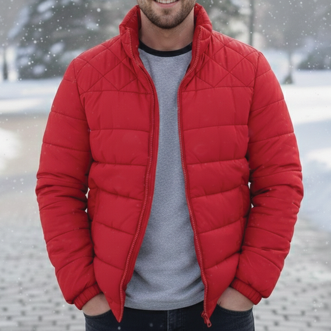 Rote wasserabweisende Daunenjacke mit Stehkragen und gestepptem Design