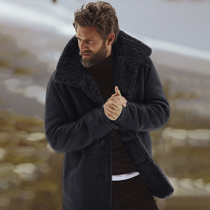 Schwarzer Winterparka mit auffälligem Teddyfell-Kragen für Herren