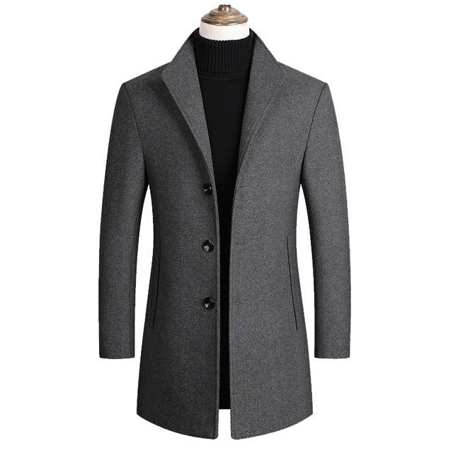 Grauer Wollmantel mit Stehkragen und schlanker Silhouette für Herren