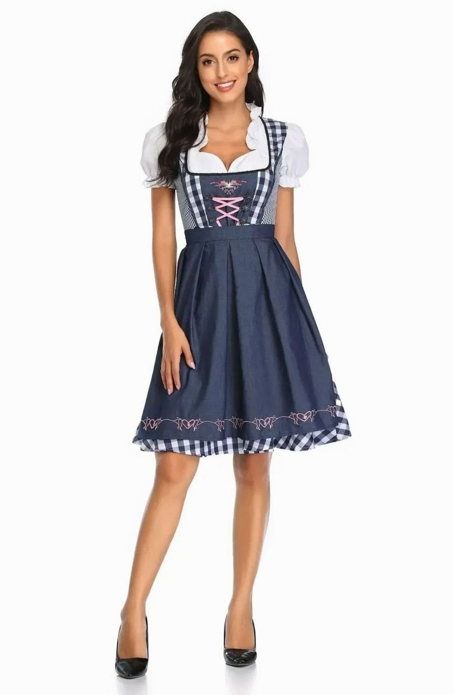 Dirndlkleid dunkelblau mit rot-weißer Karobluse und Schleife