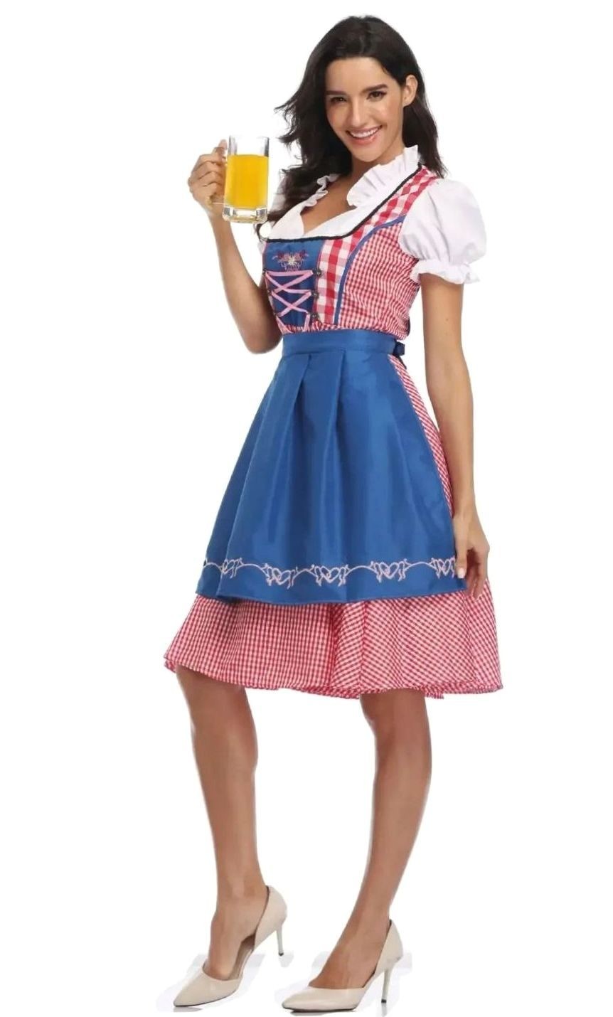 Trachtenkleid mit blauer Schürze und rot-weißem Karorock