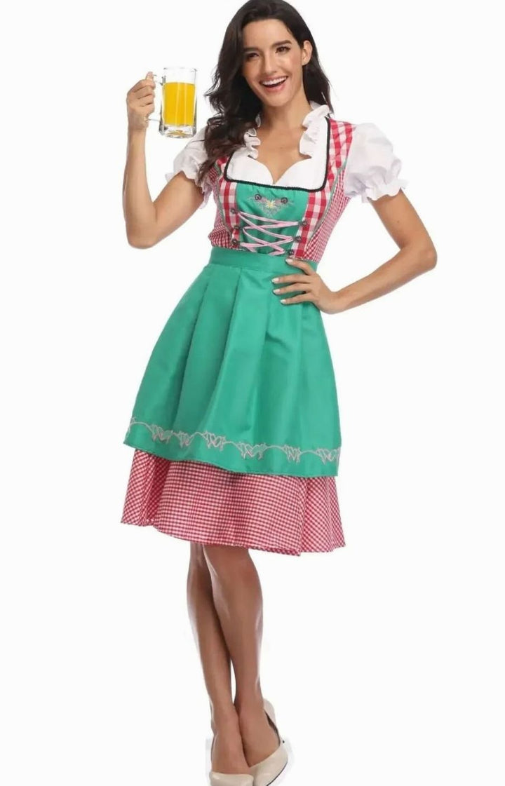 Dirndl mit türkisgrüner Schürze und rot-weißem Karomuster