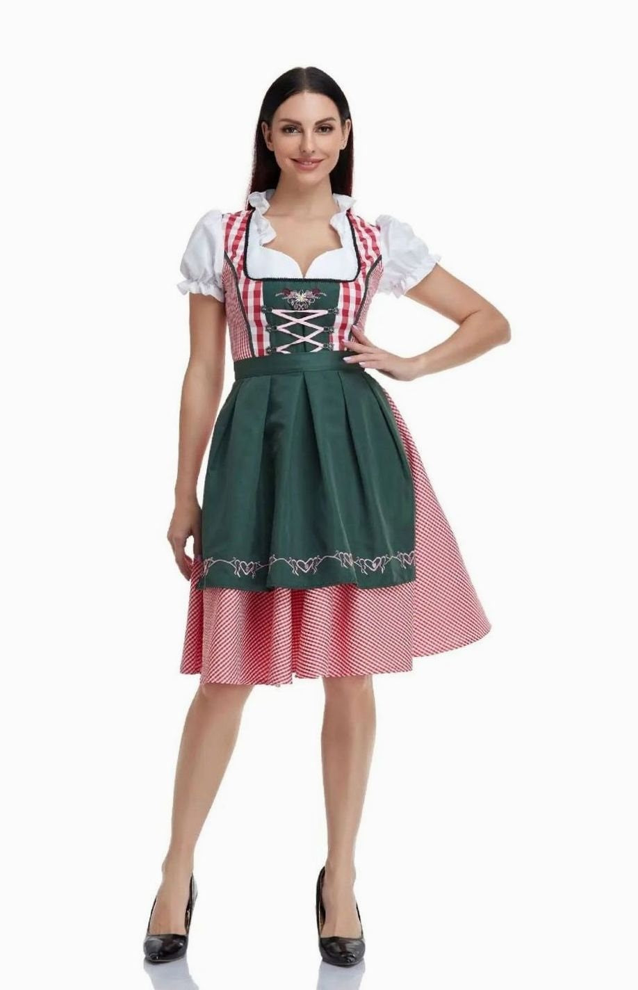 Dirndlkleid mit dunkelgrüner Schürze und roter Vichy-Karobluse