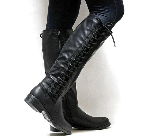 Schwarze Kniehohe Schnürstiefel aus Kunstleder mit seitlichem Reißverschluss