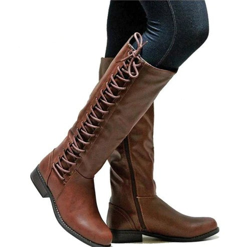 Braune Schnürstiefel knielang mit Blockabsatz und Reißverschluss seitlich