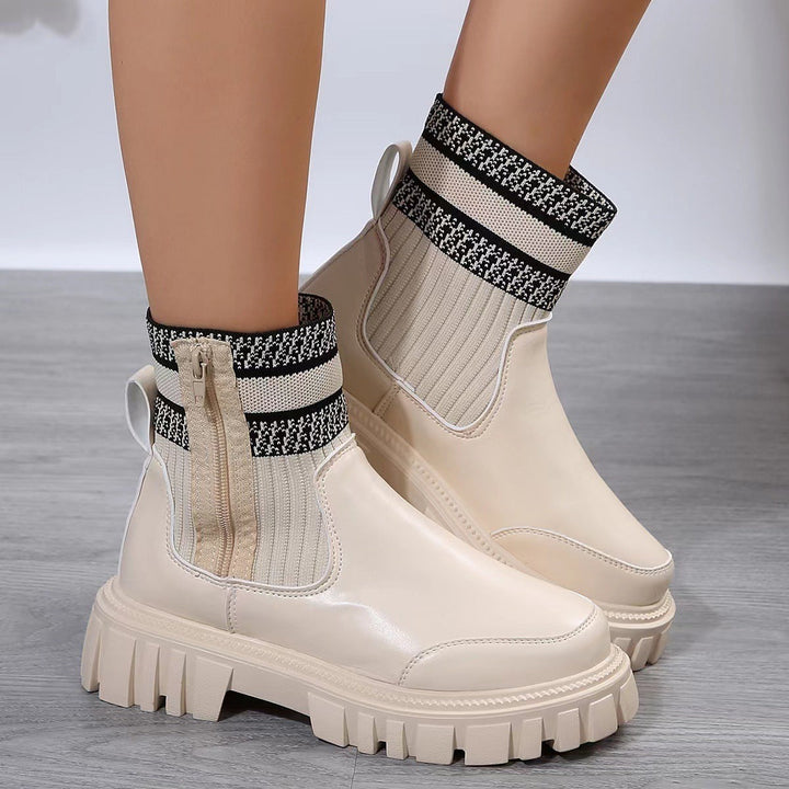 Beige Chunky-Boots mit gestreiftem Strickschaft und Reißverschluss seitlich