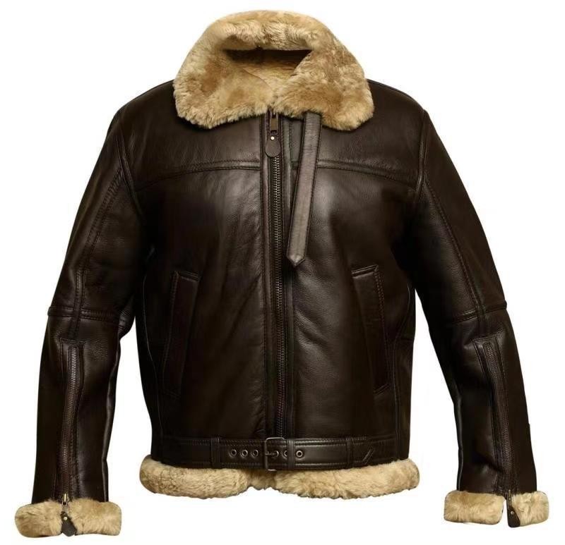 Klassische B3 Fliegerjacke in Dunkelbraun mit beigem Fellsaum, Frontansicht