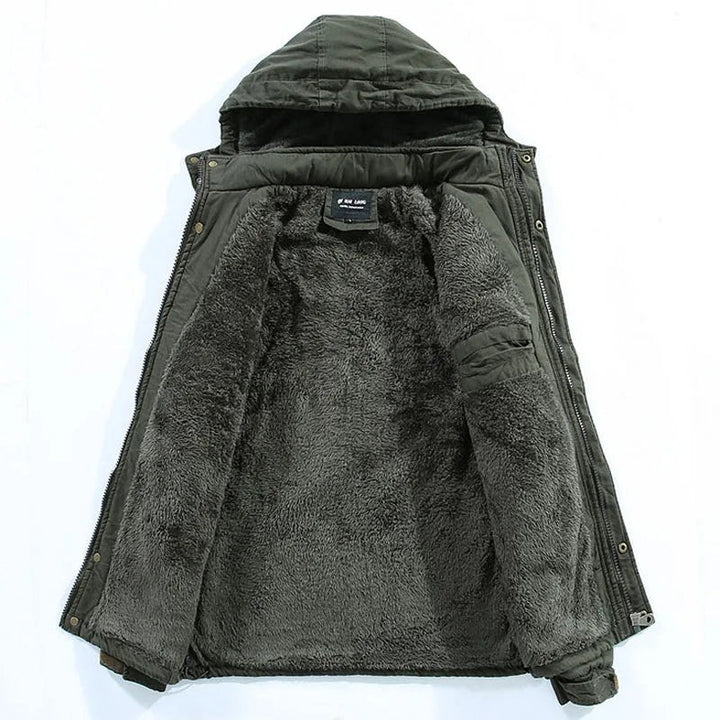 Winterjacke Herren mit Kapuze, Innenansicht mit dickem Fleecefutter in Oliv