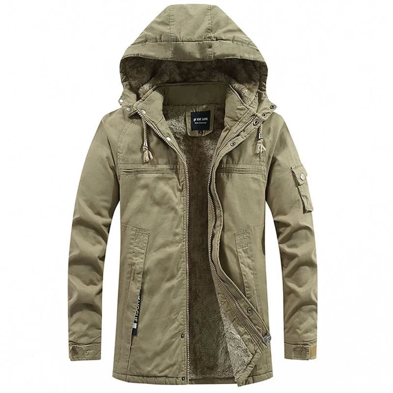 Khakifarbene Herrenjacke mit Kapuze und warmem Fleece-Innenfutter, offen