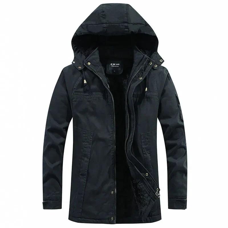 Schwarze Winterjacke mit Kapuze für Herren, Frontansicht mit Fleecefutter