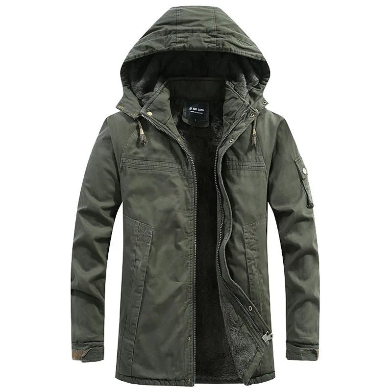 Olivgrüne Herren-Winterjacke mit Kapuze, geschlossen mit Fleecefutter sichtbar