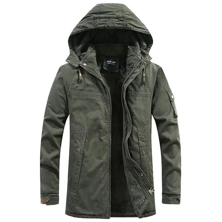 Olivgrüne Herren-Winterjacke mit Kapuze, geschlossen mit Fleecefutter sichtbar
