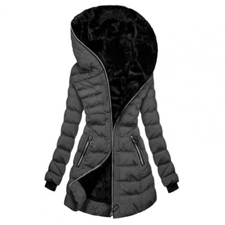 Graue Steppjacke mit Kapuze und kuscheligem Fellfutter, Damen Winterjacke lang