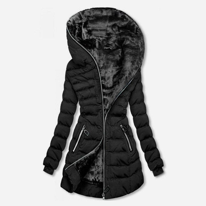 Schwarze gesteppte Winterjacke mit Kapuze und weichem Fleecefutter für Damen