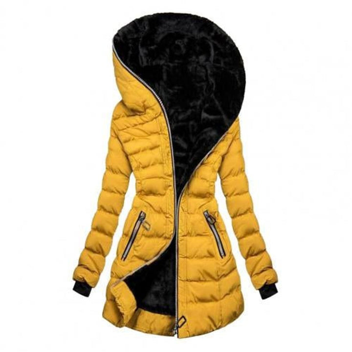 Senfgelbe Steppjacke mit Kapuze und schwarzem Fellfutter, lange Damen Winterjacke
